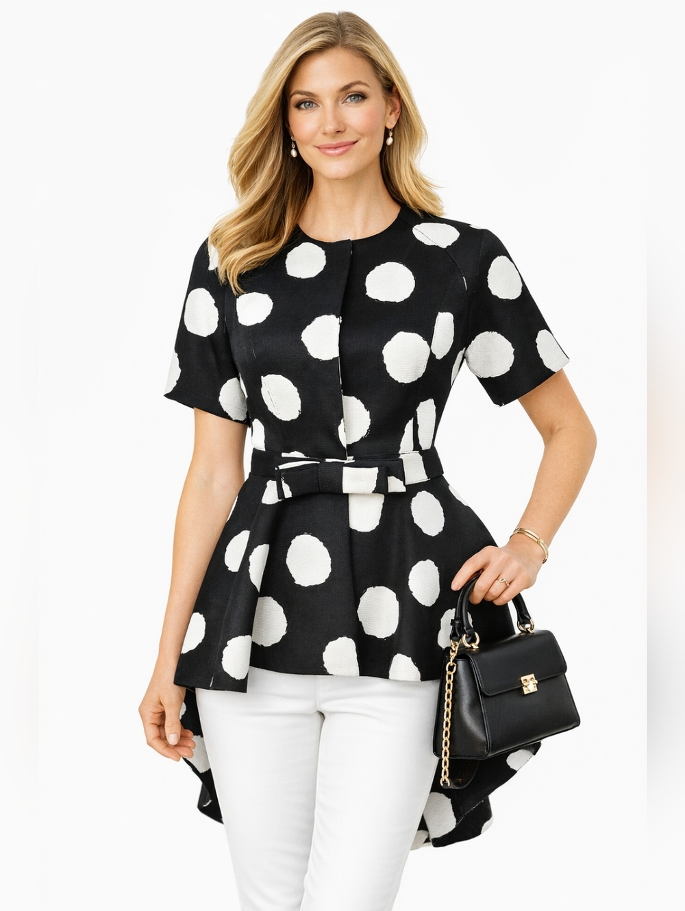 Gracia Polka Dot Peplum Top High Low Bow Snap Front Black White Size L